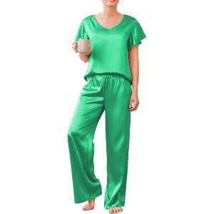 Ekouaer Women’s Satin Silky Pajama Set 2 Piece Short Sleeve Shirt with Long Pants Pjs Sets Soft PJ Loungewear S-XXL(Green)