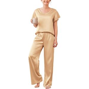 Ekouaer Women’s Satin Silky Pajama Set 2 Piece Short Sleeve Shirt with Long Pants Pjs Sets Soft PJ Loungewear S-XXL(Khaki)