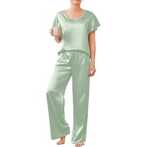 Ekouaer Women’s Satin Silky Pajama Set 2 Piece Short Sleeve Shirt with Long Pants Pjs Sets Soft PJ Loungewear S-XXL(Light Green)