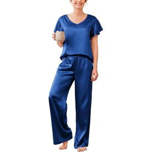 Ekouaer Women’s Satin Silky Pajama Set 2 Piece Short Sleeve Shirt with Long Pants Pjs Sets Soft PJ Loungewear S-XXL(Navy Blue)