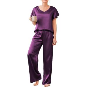 Ekouaer Women’s Satin Silky Pajama Set 2 Piece Short Sleeve Shirt with Long Pants Pjs Sets Soft PJ Loungewear S-XXL(Purple)