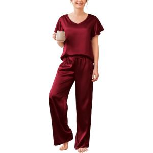 Ekouaer Women’s Satin Silky Pajama Set 2 Piece Short Sleeve Shirt with Long Pants Pjs Sets Soft PJ Loungewear S-XXL(Wine Red)
