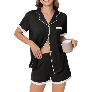 Ekouaer Womens Short Sleeve Pajamas Set Soft Sleepwear Button Down Lounge Set Lace Top and Shorts Pj Nightwear(Black)