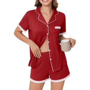 Ekouaer Womens Short Sleeve Pajamas Set Soft Sleepwear Button Down Lounge Set Lace Top and Shorts Pj Nightwear(Deep Red)