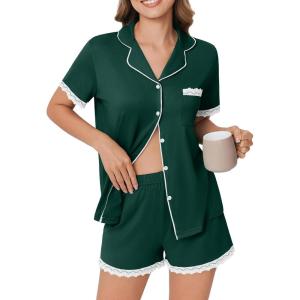 Ekouaer Womens Short Sleeve Pajamas Set Soft Sleepwear Button Down Lounge Set Lace Top and Shorts Pj Nightwear(Lake Green)