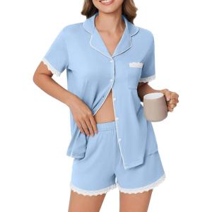 Ekouaer Womens Short Sleeve Pajamas Set Soft Sleepwear Button Down Lounge Set Lace Top and Shorts Pj Nightwear(Light Blue)