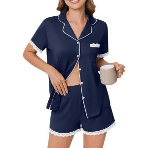Ekouaer Womens Short Sleeve Pajamas Set Soft Sleepwear Button Down Lounge Set Lace Top and Shorts Pj Nightwear(Navy Blue)