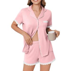 Ekouaer Womens Short Sleeve Pajamas Set Soft Sleepwear Button Down Lounge Set Lace Top and Shorts Pj Nightwear(Pink)