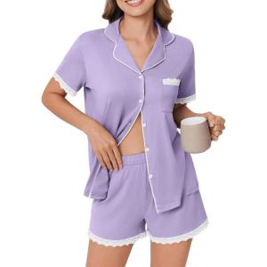 Ekouaer Womens Short Sleeve Pajamas Set Soft Sleepwear Button Down Lounge Set Lace Top and Shorts Pj Nightwear(Purple)