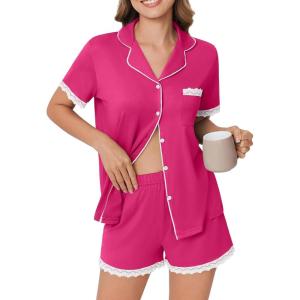 Ekouaer Womens Short Sleeve Pajamas Set Soft Sleepwear Button Down Lounge Set Lace Top and Shorts Pj Nightwear(Rose Red)