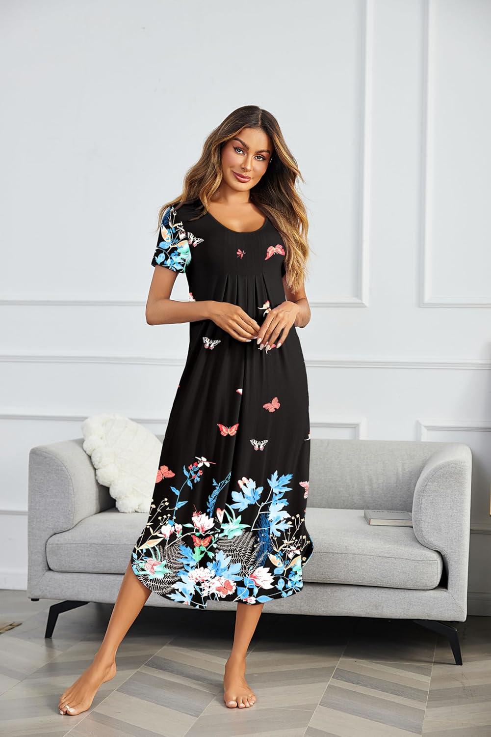 imageEkouaer Long Nightgowns for Women Plus Size House Dress Short Sleeve Night Gown Pleated Full Length Loungwear S4XLBlack Butterfly