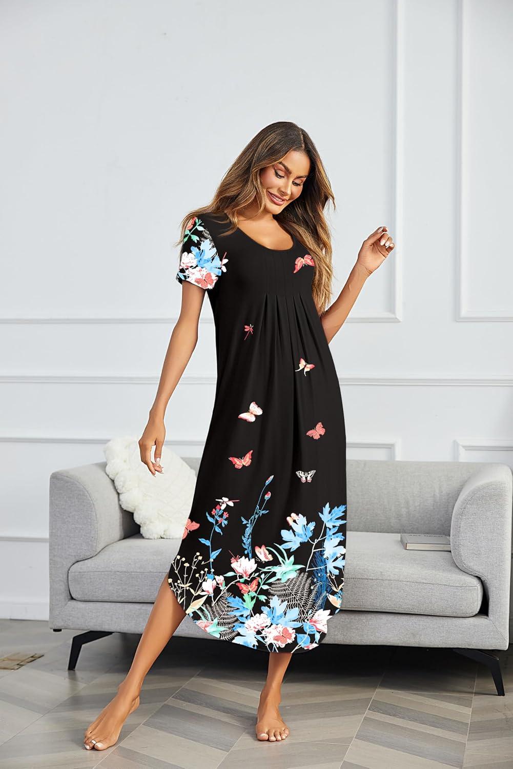 imageEkouaer Long Nightgowns for Women Plus Size House Dress Short Sleeve Night Gown Pleated Full Length Loungwear S4XLBlack Butterfly