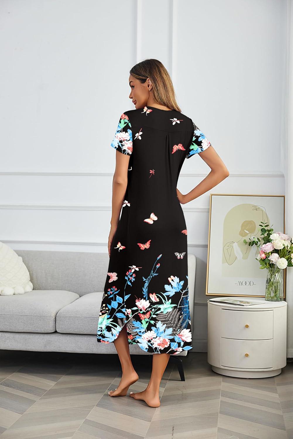 imageEkouaer Long Nightgowns for Women Plus Size House Dress Short Sleeve Night Gown Pleated Full Length Loungwear S4XLBlack Butterfly
