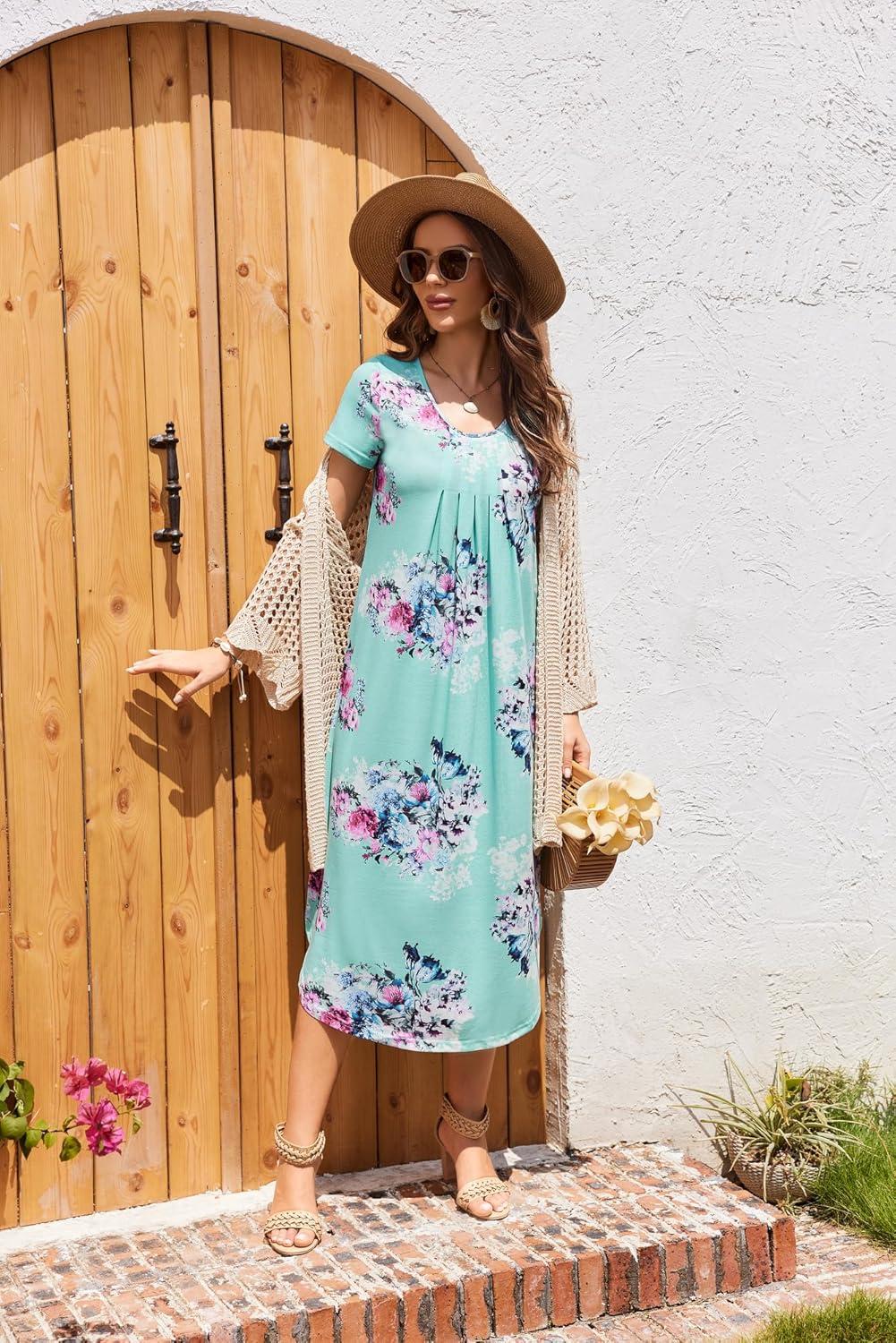 imageEkouaer Long Nightgowns for Women Plus Size House Dress Short Sleeve Night Gown Pleated Full Length Loungwear S4XLBlue Flower