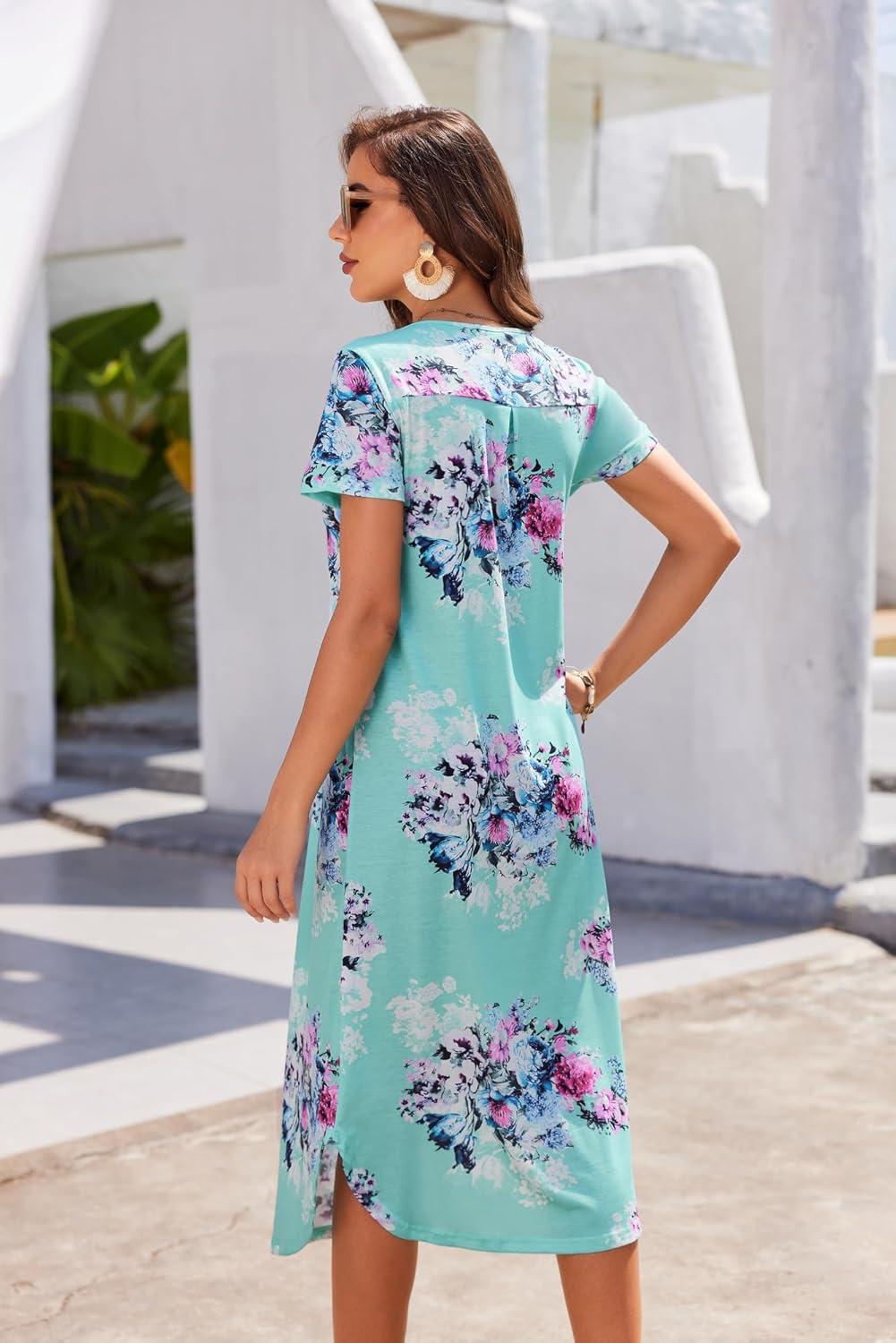 imageEkouaer Long Nightgowns for Women Plus Size House Dress Short Sleeve Night Gown Pleated Full Length Loungwear S4XLBlue Flower