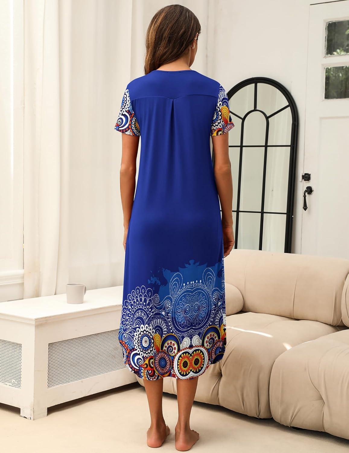 imageEkouaer Long Nightgowns for Women Plus Size House Dress Short Sleeve Night Gown Pleated Full Length Loungwear S4XLBlue Mandala