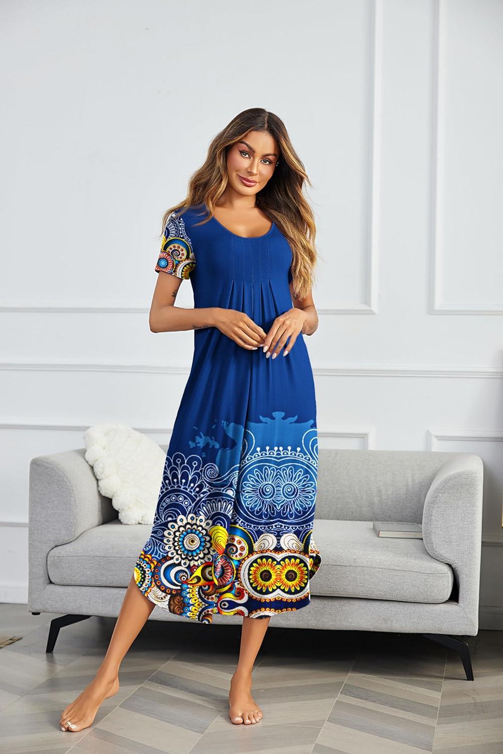 imageEkouaer Long Nightgowns for Women Plus Size House Dress Short Sleeve Night Gown Pleated Full Length Loungwear S4XLBlue Mandala