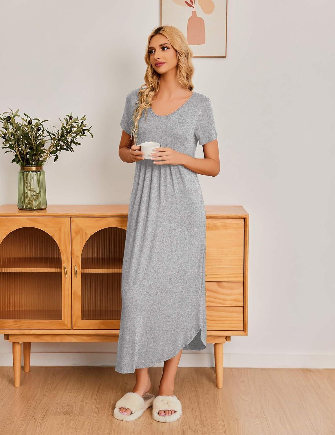 imageEkouaer Long Nightgowns for Women Plus Size House Dress Short Sleeve Night Gown Pleated Full Length Loungwear S4XLGrey