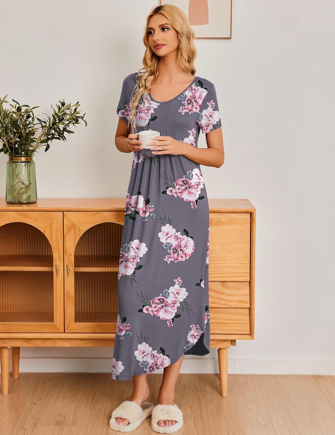 imageEkouaer Long Nightgowns for Women Plus Size House Dress Short Sleeve Night Gown Pleated Full Length Loungwear S4XLGrey Flowers