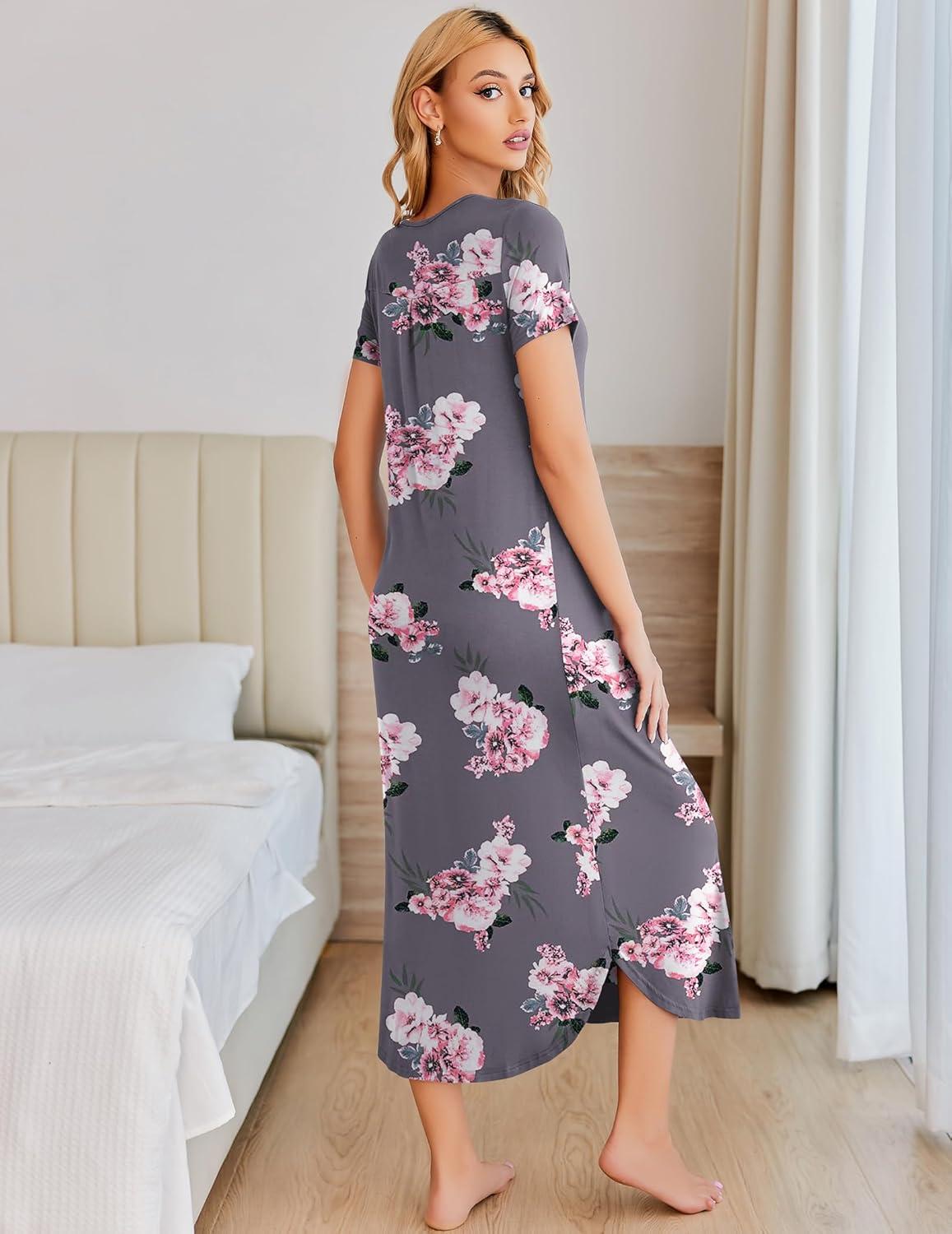 imageEkouaer Long Nightgowns for Women Plus Size House Dress Short Sleeve Night Gown Pleated Full Length Loungwear S4XLGrey Flowers