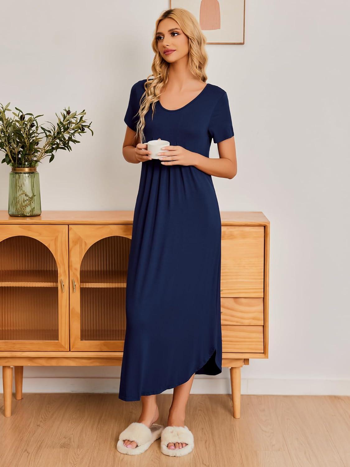 imageEkouaer Long Nightgowns for Women Plus Size House Dress Short Sleeve Night Gown Pleated Full Length Loungwear S4XLNavy Blue