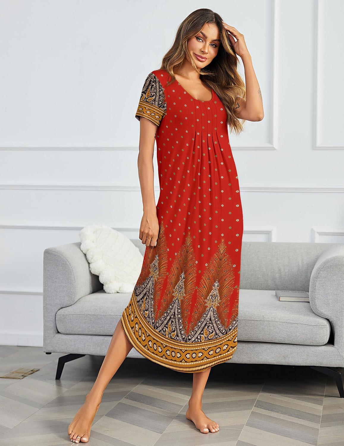 imageEkouaer Long Nightgowns for Women Plus Size House Dress Short Sleeve Night Gown Pleated Full Length Loungwear S4XLPeacock Feather