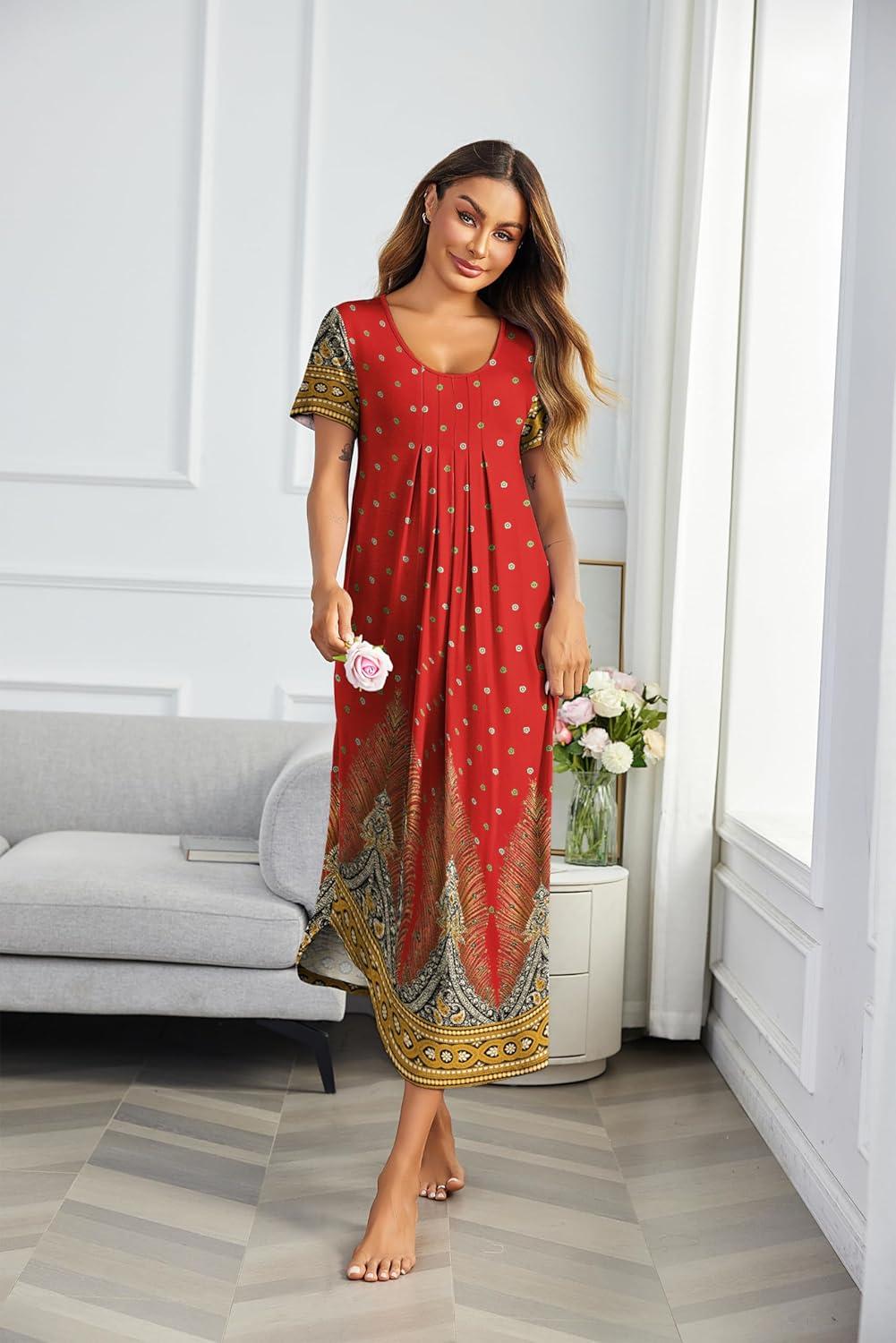 imageEkouaer Long Nightgowns for Women Plus Size House Dress Short Sleeve Night Gown Pleated Full Length Loungwear S4XLPeacock Feather