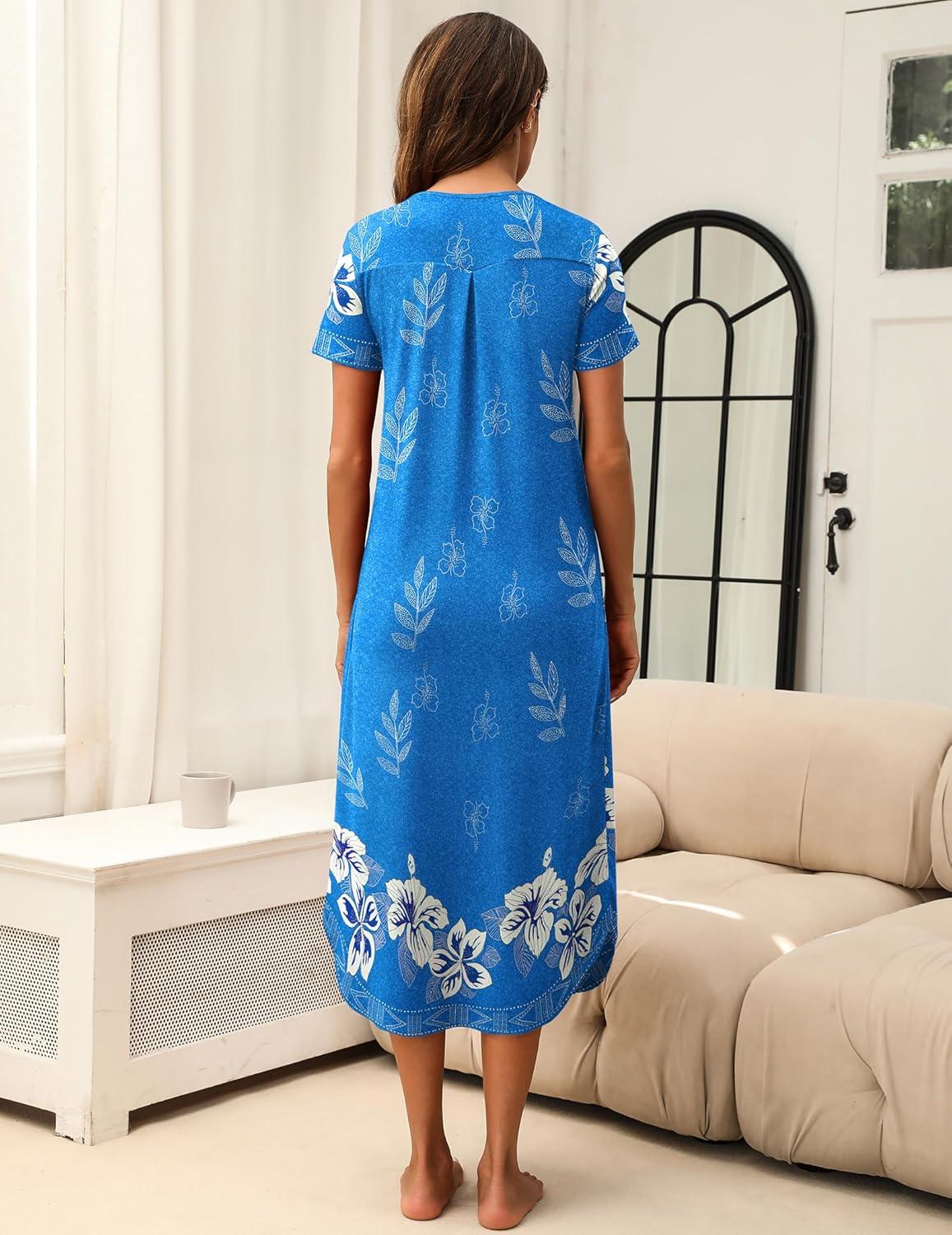 imageEkouaer Long Nightgowns for Women Plus Size House Dress Short Sleeve Night Gown Pleated Full Length Loungwear S4XLSky Blue Flower