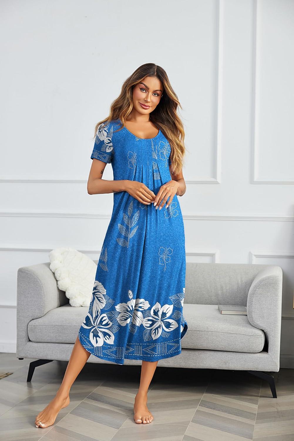 imageEkouaer Long Nightgowns for Women Plus Size House Dress Short Sleeve Night Gown Pleated Full Length Loungwear S4XLSky Blue Flower