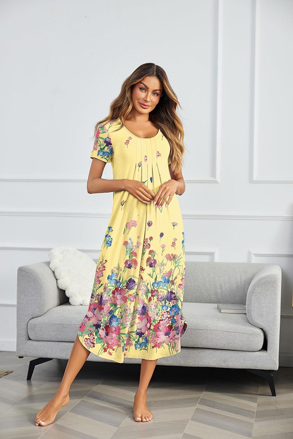imageEkouaer Long Nightgowns for Women Plus Size House Dress Short Sleeve Night Gown Pleated Full Length Loungwear S4XLYellow Flower