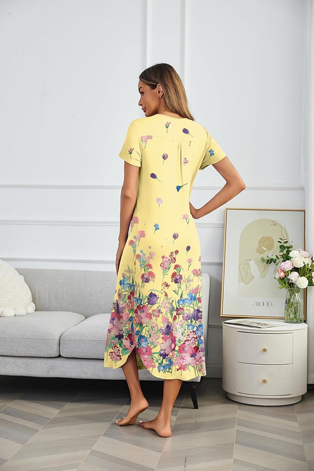 imageEkouaer Long Nightgowns for Women Plus Size House Dress Short Sleeve Night Gown Pleated Full Length Loungwear S4XLYellow Flower