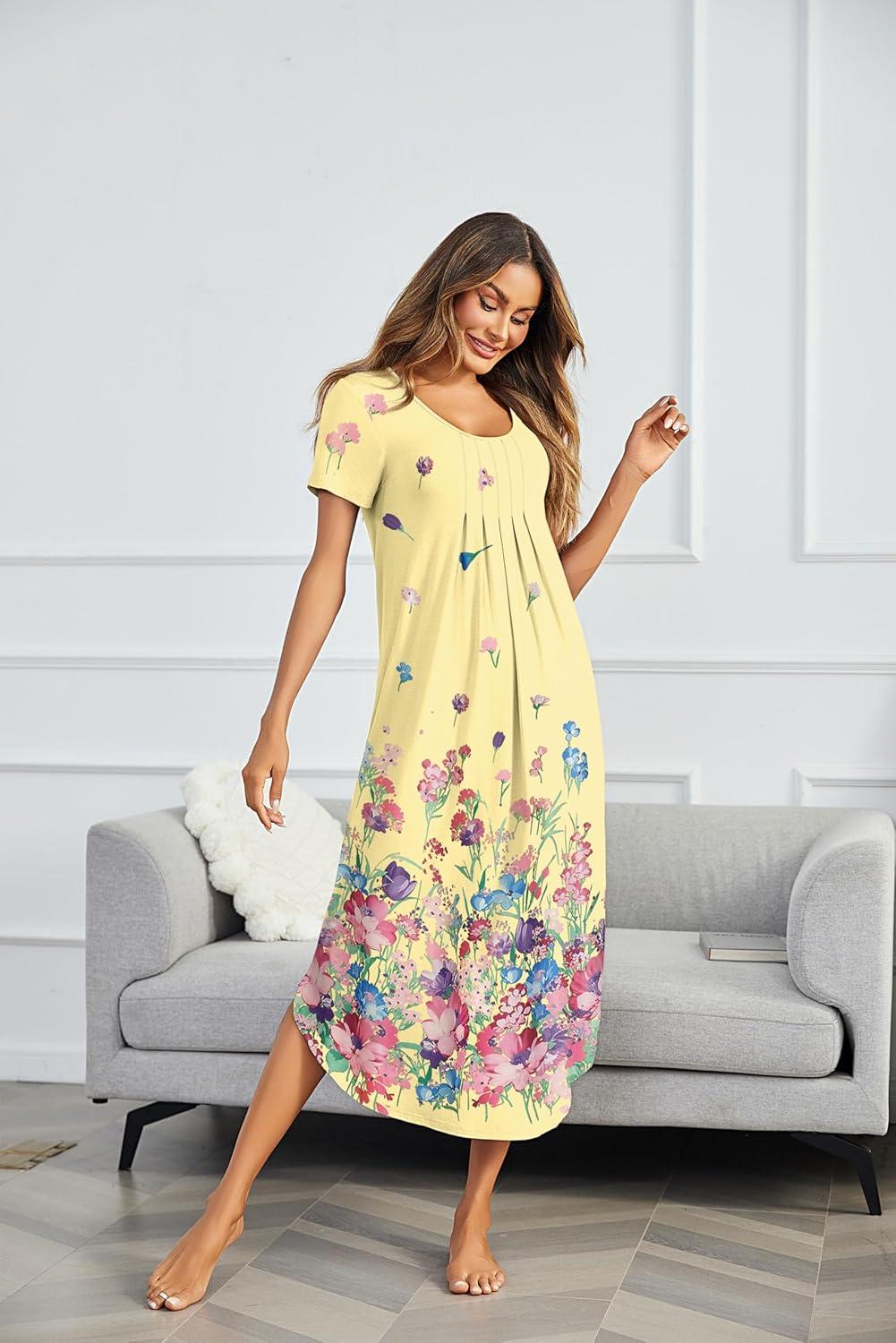 imageEkouaer Long Nightgowns for Women Plus Size House Dress Short Sleeve Night Gown Pleated Full Length Loungwear S4XLYellow Flower