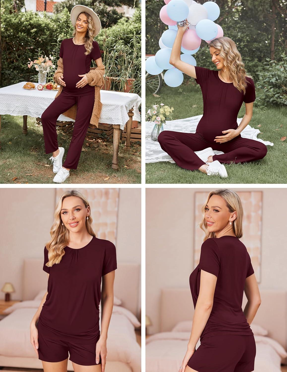 imageEkouaer Maternity Nursing Pajamas Set 3 Piece Postpartum Lounge Breastfeeding Pjs Pregnancy Shorts amp Pants SXXLBurgundy