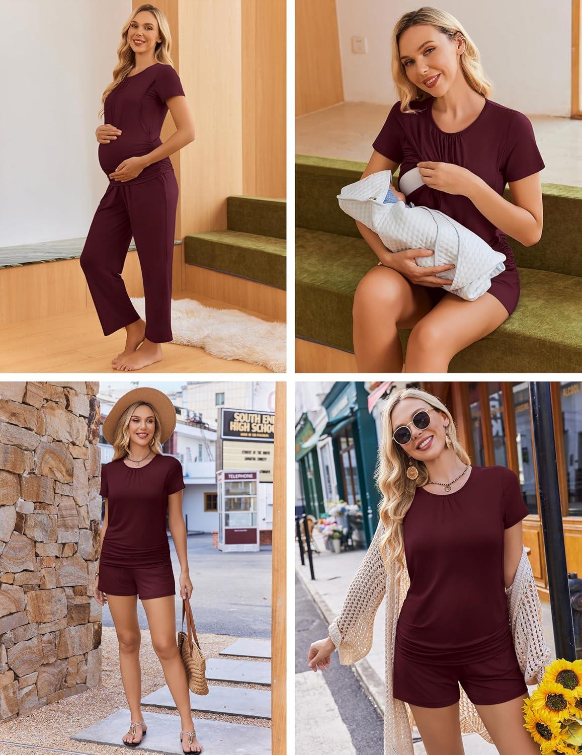 imageEkouaer Maternity Nursing Pajamas Set 3 Piece Postpartum Lounge Breastfeeding Pjs Pregnancy Shorts amp Pants SXXLBurgundy
