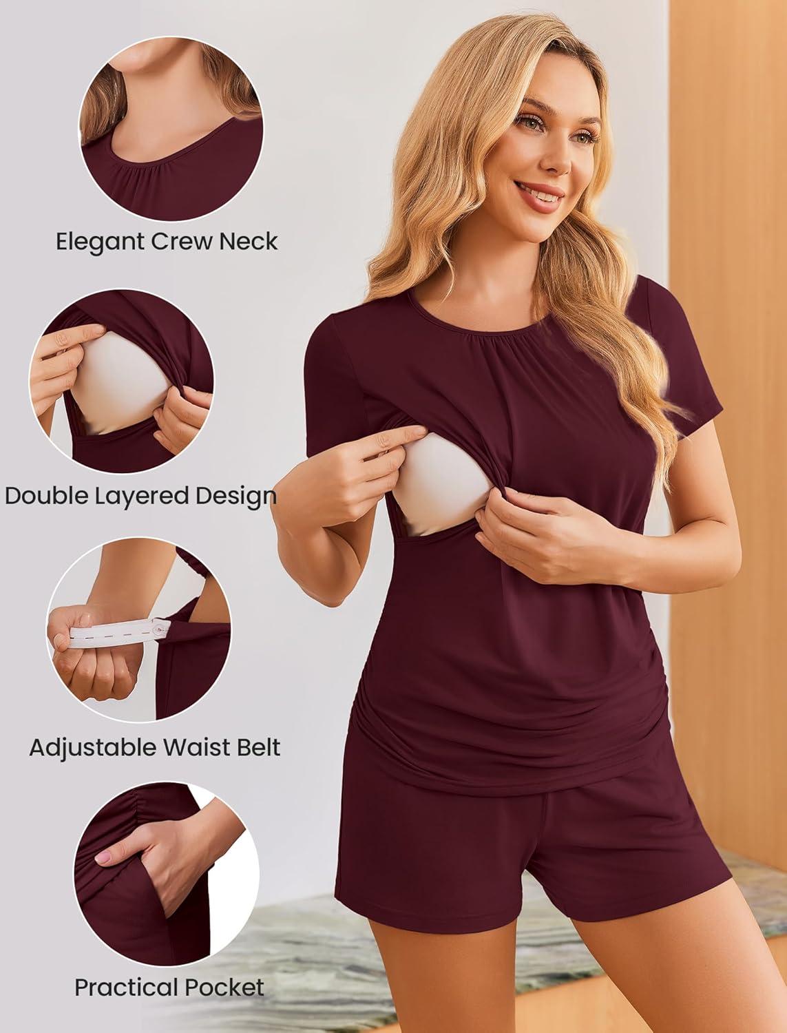 imageEkouaer Maternity Nursing Pajamas Set 3 Piece Postpartum Lounge Breastfeeding Pjs Pregnancy Shorts amp Pants SXXLBurgundy