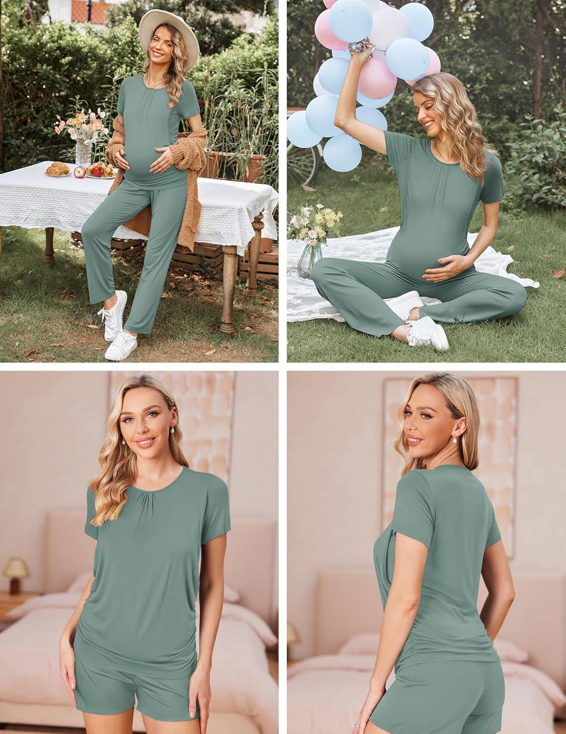 imageEkouaer Maternity Nursing Pajamas Set 3 Piece Postpartum Lounge Breastfeeding Pjs Pregnancy Shorts amp Pants SXXLGray Green