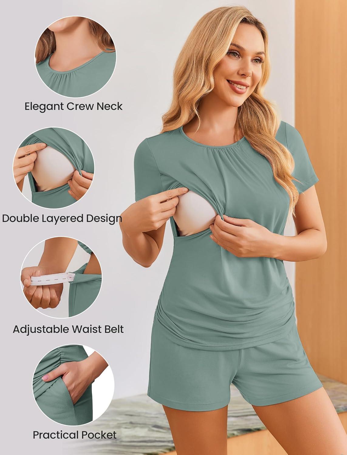imageEkouaer Maternity Nursing Pajamas Set 3 Piece Postpartum Lounge Breastfeeding Pjs Pregnancy Shorts amp Pants SXXLGray Green