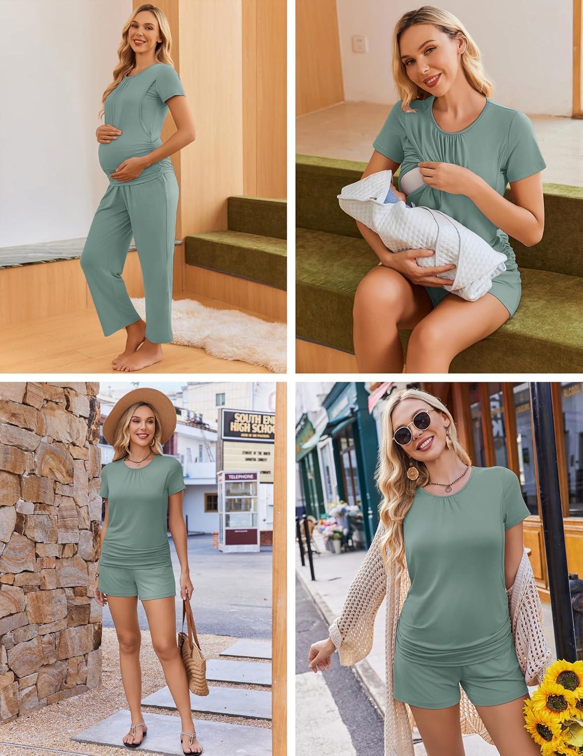 imageEkouaer Maternity Nursing Pajamas Set 3 Piece Postpartum Lounge Breastfeeding Pjs Pregnancy Shorts amp Pants SXXLGray Green