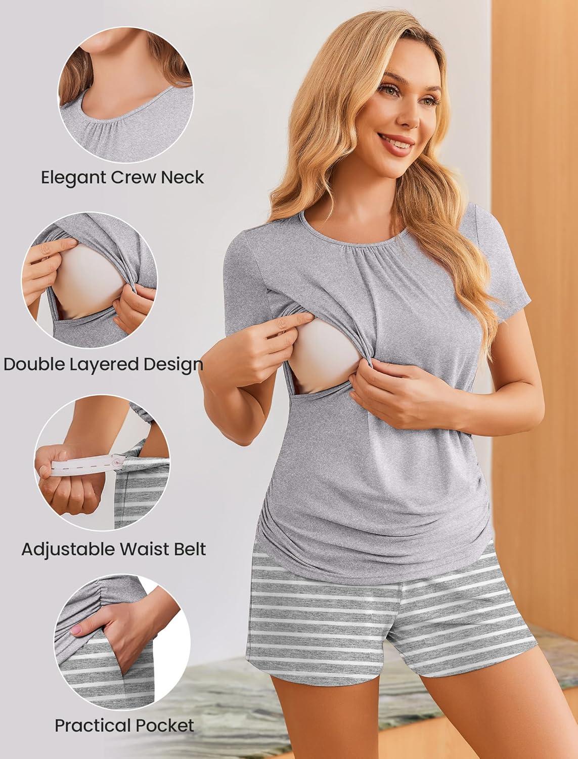 imageEkouaer Maternity Nursing Pajamas Set 3 Piece Postpartum Lounge Breastfeeding Pjs Pregnancy Shorts amp Pants SXXLLight Gray Stripe