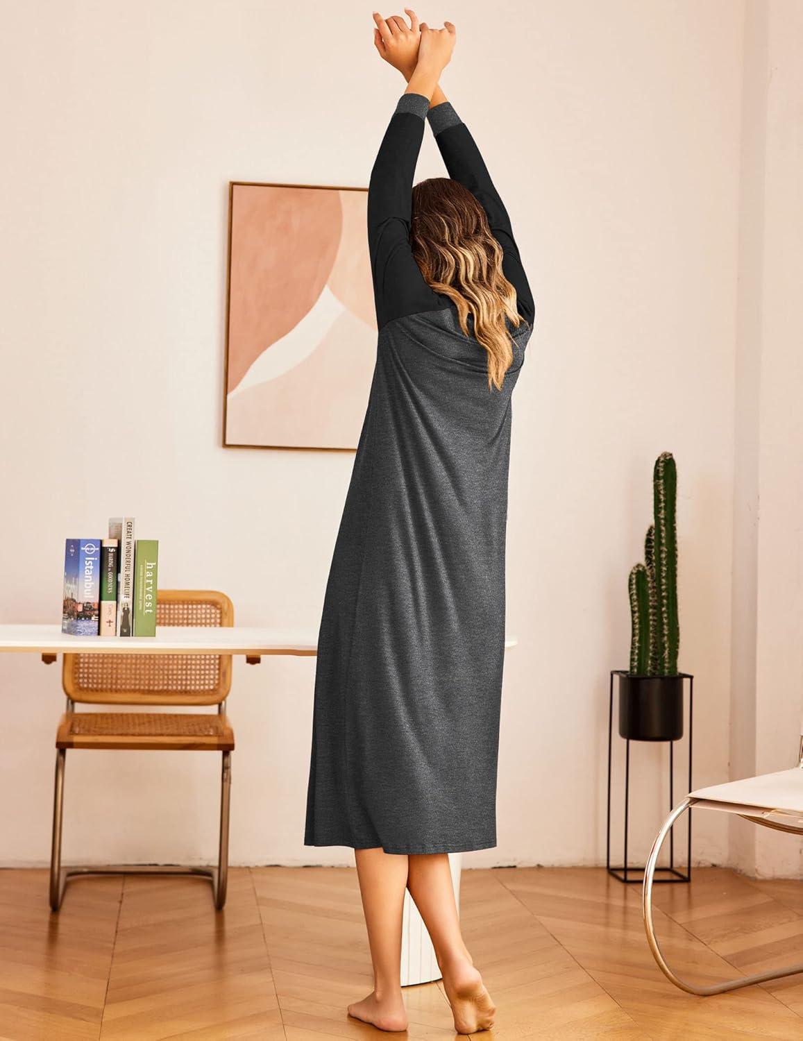 imageEkouaer Nightgown Long Sleeve for Women Sleepwear V Neck Loungewear Button Full Length NightshirtAdark Grey