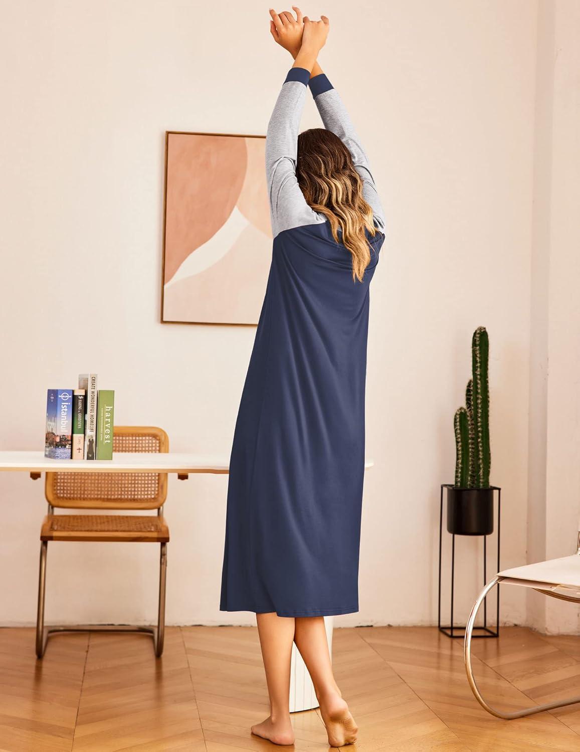 imageEkouaer Nightgown Long Sleeve for Women Sleepwear V Neck Loungewear Button Full Length NightshirtAlight Grey