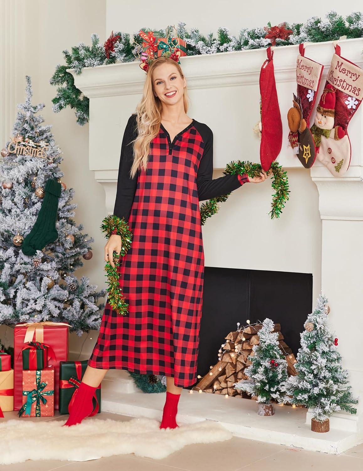 imageEkouaer Nightgown Long Sleeve for Women Sleepwear V Neck Loungewear Button Full Length NightshirtAred Black Plaid