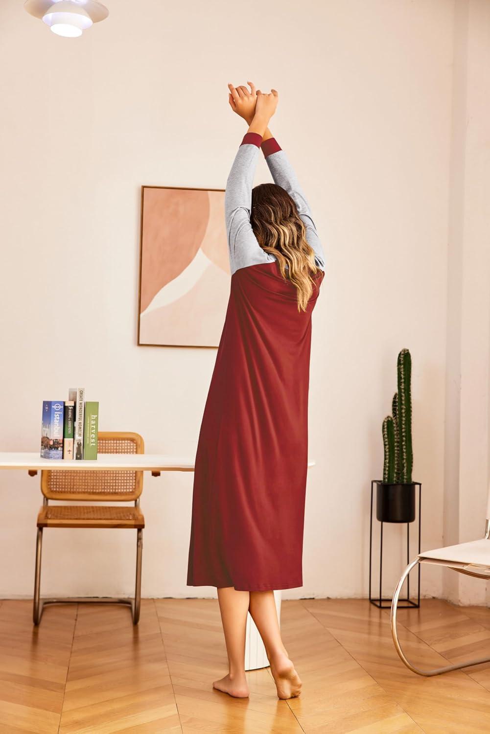 imageEkouaer Nightgown Long Sleeve for Women Sleepwear V Neck Loungewear Button Full Length NightshirtAwine Red1