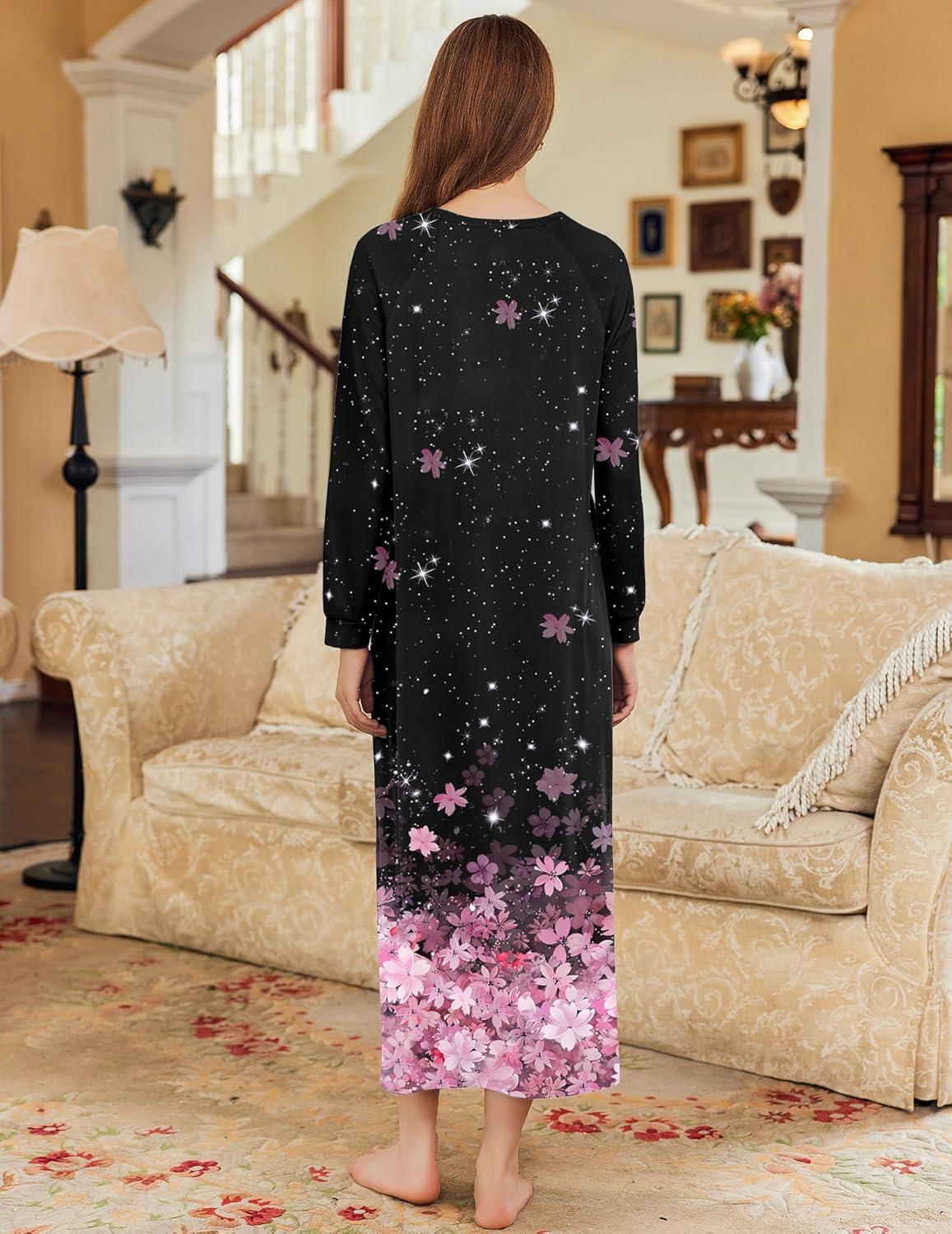 imageEkouaer Nightgown Long Sleeve for Women Sleepwear V Neck Loungewear Button Full Length NightshirtCherry Blossoms