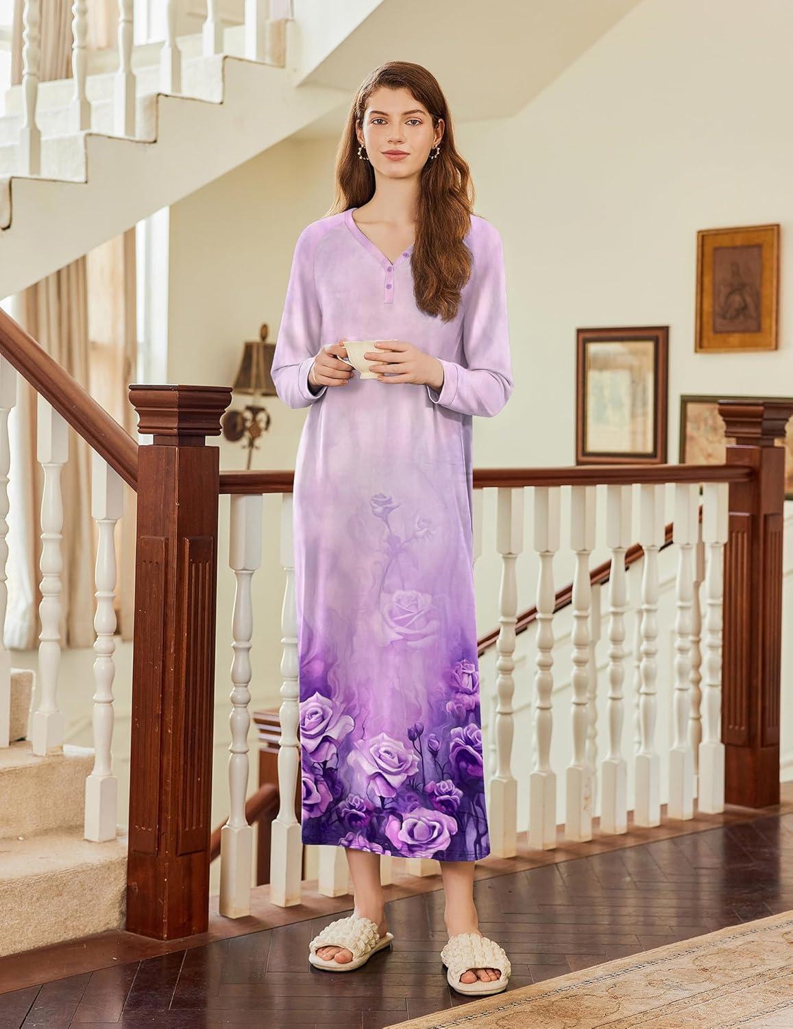 imageEkouaer Nightgown Long Sleeve for Women Sleepwear V Neck Loungewear Button Full Length NightshirtFloral Light Purple
