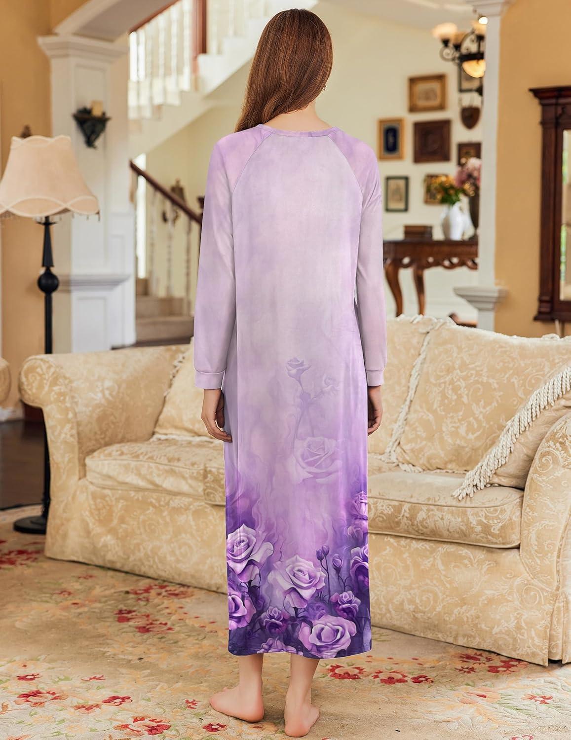imageEkouaer Nightgown Long Sleeve for Women Sleepwear V Neck Loungewear Button Full Length NightshirtFloral Light Purple
