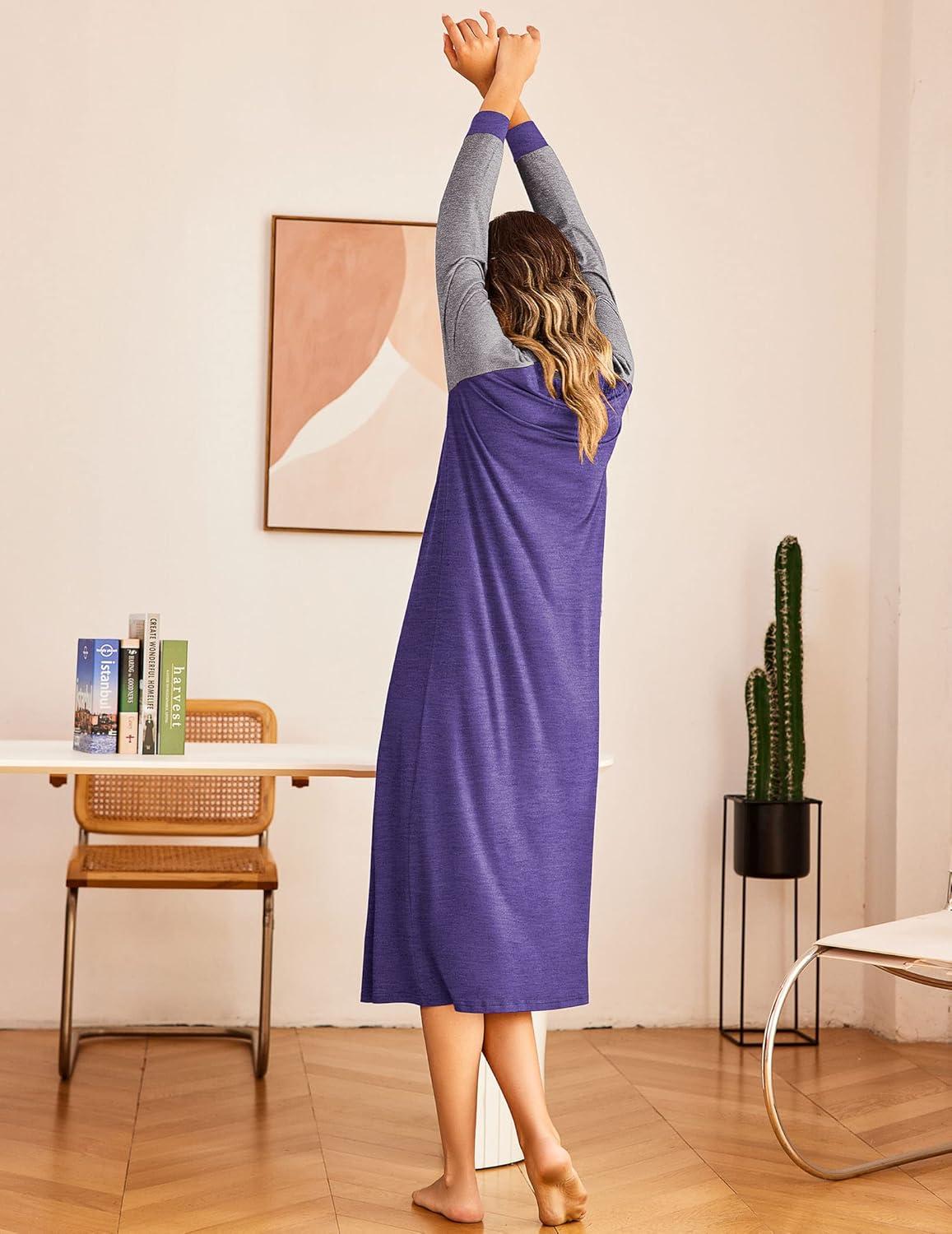 imageEkouaer Nightgown Long Sleeve for Women Sleepwear V Neck Loungewear Button Full Length NightshirtPurple
