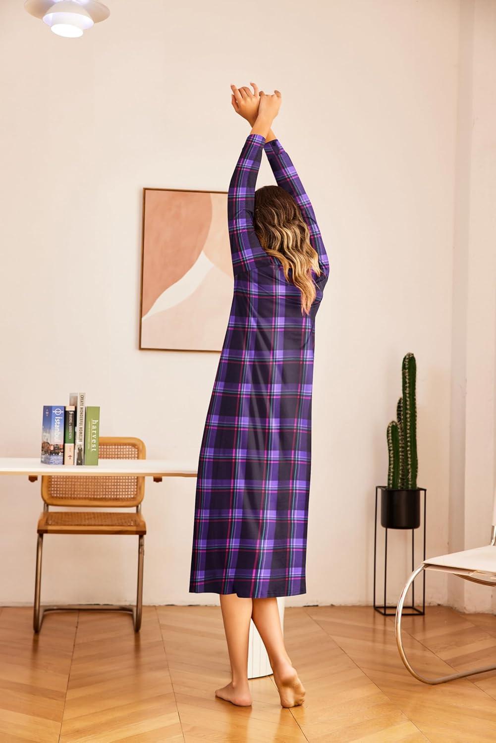imageEkouaer Nightgown Long Sleeve for Women Sleepwear V Neck Loungewear Button Full Length NightshirtPurple Plaid