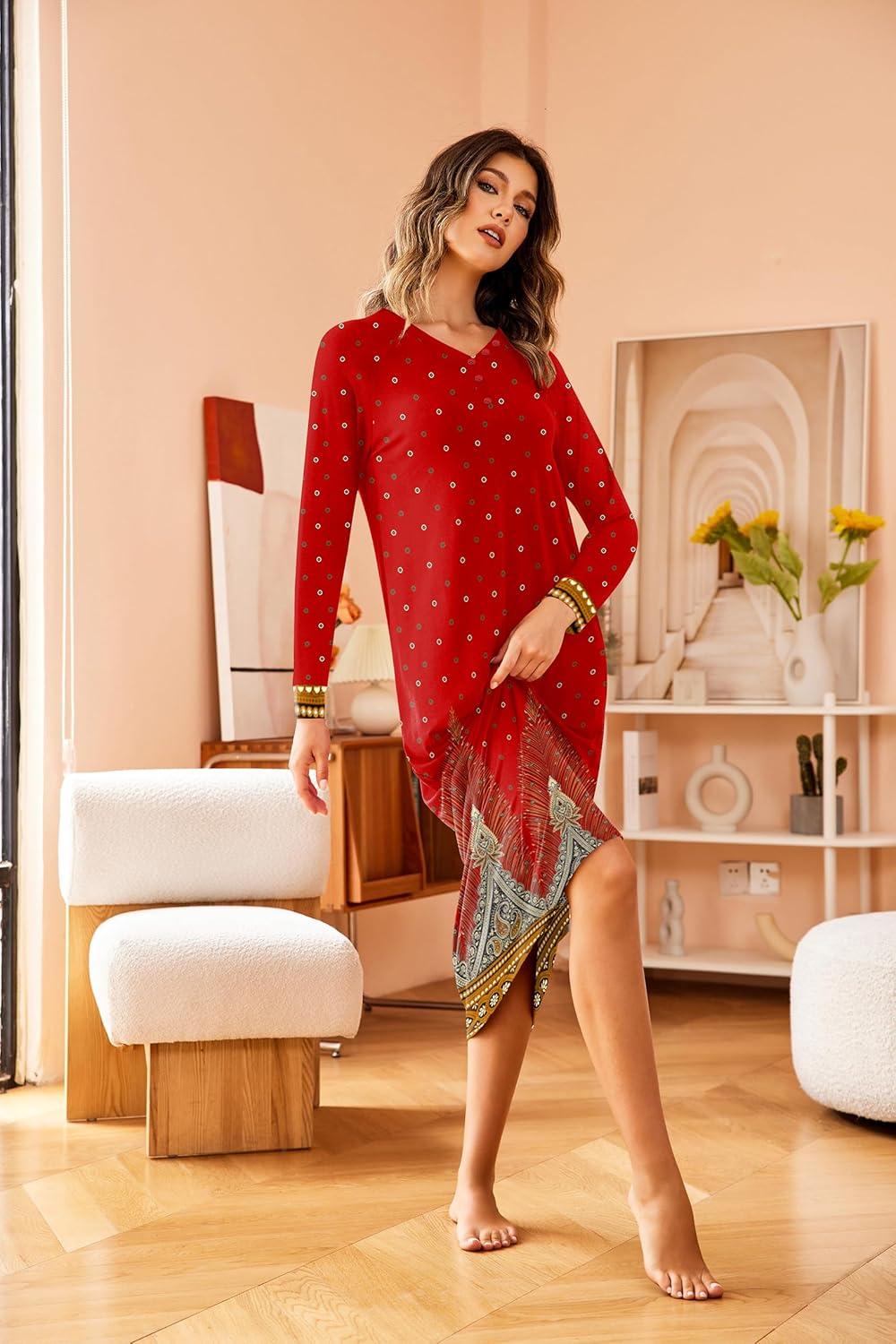imageEkouaer Nightgown Long Sleeve for Women Sleepwear V Neck Loungewear Button Full Length NightshirtRed Feather Print
