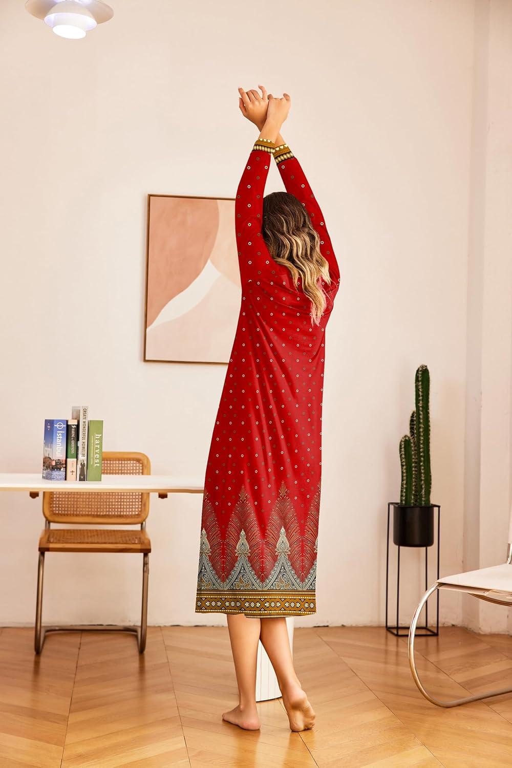 imageEkouaer Nightgown Long Sleeve for Women Sleepwear V Neck Loungewear Button Full Length NightshirtRed Feather Print